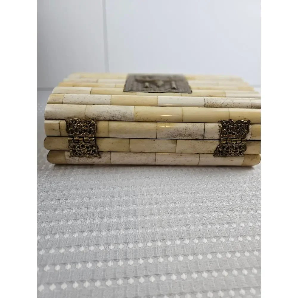 Vintage Carved Bone Hinged‎ Trinket Box - Black Velvet Lined -  Made in India